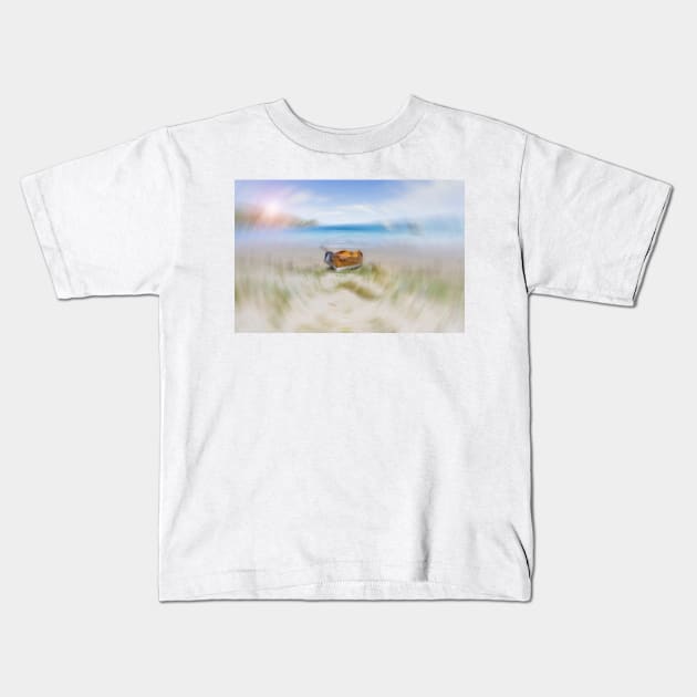 Old-fashioned wooden clinker dinghy pulled on beach at Kawau Island New Zealand in radial blur effect abstract image. Kids T-Shirt by brians101